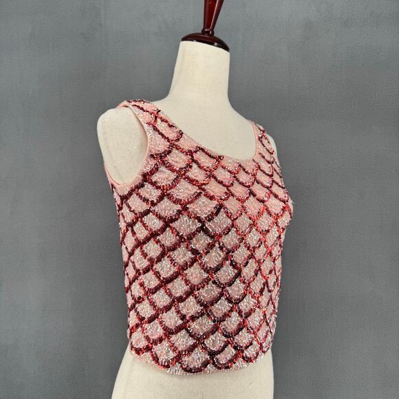 Vtg 60s House of Gold 100% Wool Sequin Mermaid Cropped Tank Top 36 Pink Red Mod - Picture 1 of 13